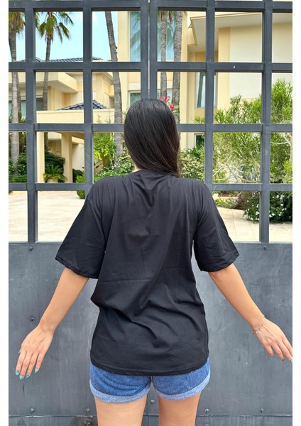 Siyah Renk Ocean City Baskı Unisex Oversize T-Shirt modelleri
