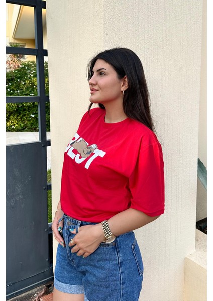 Kırmızı Renk Best Baskı Ayıcık Desenli Unisex Oversize T-Shirt fiyatları