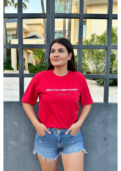 Kırmızı Renk Freedom Baskı Unisex Oversize T-Shirt