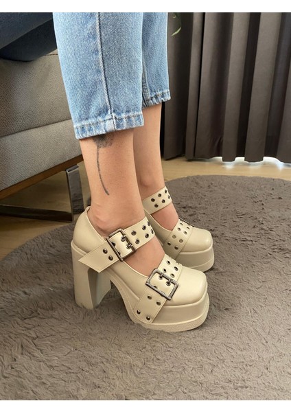 Kadın Izabel Krem Iki Tokalı Kapsul Detaylı 12 cm Platform Topuklu Ayakkabı indirimleri