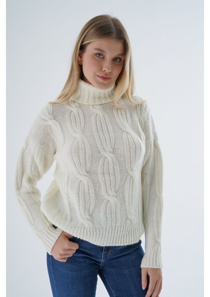 Kadın Kemik Oversize Balıkçı Yaka Selanik Saç Örgülü Yünlü Özel Iplik Triko Örme Kazak TRIST-6159