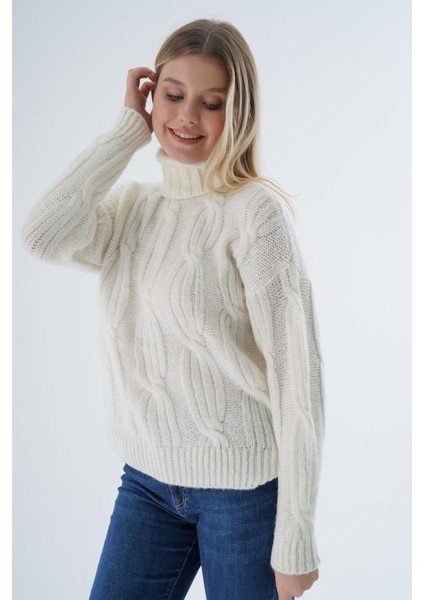 Kadın Kemik Oversize Balıkçı Yaka Selanik Saç Örgülü Yünlü Özel Iplik Triko Örme Kazak TRIST-6159 fiyatları