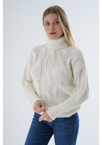 Kadın Kemik Oversize Balıkçı Yaka Selanik Saç Örgülü Yünlü Özel Iplik Triko Örme Kazak TRIST-6159 fırsatları