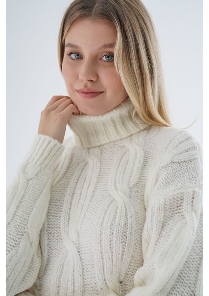 Kadın Kemik Oversize Balıkçı Yaka Selanik Saç Örgülü Yünlü Özel Iplik Triko Örme Kazak TRIST-6159 indirimleri