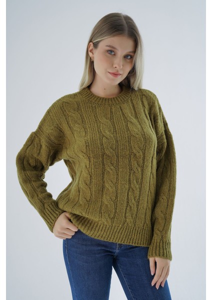 Kadın Olive Oversize Bisiklet Yaka Saç Örgülü Yünlü Özel Iplik Triko Örme Kazak TRIST-6167