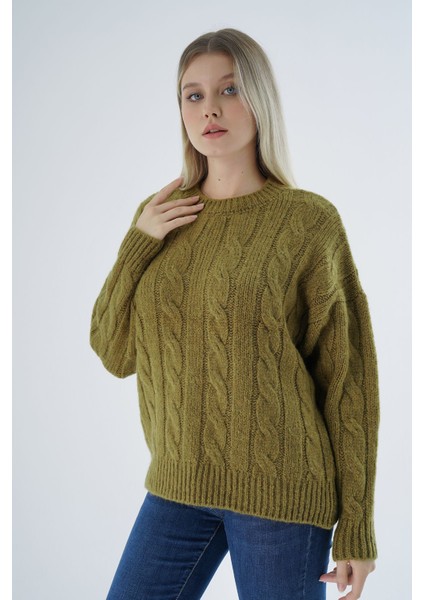 Kadın Olive Oversize Bisiklet Yaka Saç Örgülü Yünlü Özel Iplik Triko Örme Kazak TRIST-6167