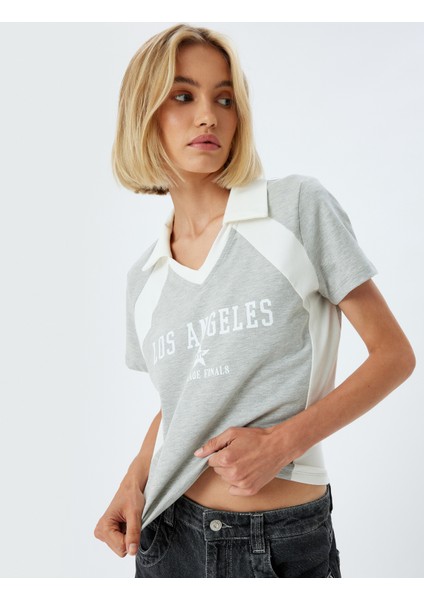 Polo Yaka Tişört Bloklu Baskılı Kısa Kollu Slim Fit