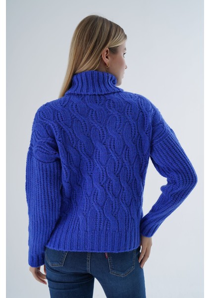 Kadın Saks Oversize Balıkçı Yaka Selanik Saç Örgülü Yün Özel Iplik Triko Örme Kazak TRIST-6163 modelleri