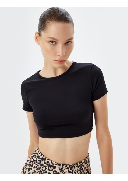 Crop Spor Tişört Bisiklet Yaka Kısa Kollu Slim Fit Interlok