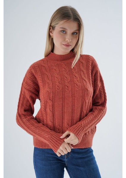 Kadın Kiremit Oversize Yarım Balıkçı Saç Örgülü Yünlü Özel Iplik Triko Örme Kazak TRIST-6158