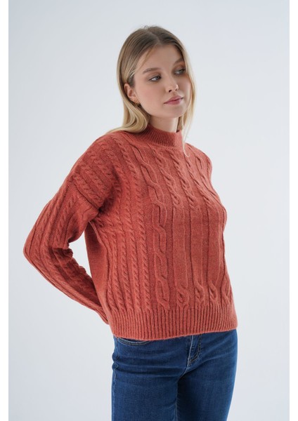 Kadın Kiremit Oversize Yarım Balıkçı Saç Örgülü Yünlü Özel Iplik Triko Örme Kazak TRIST-6158 fiyatları