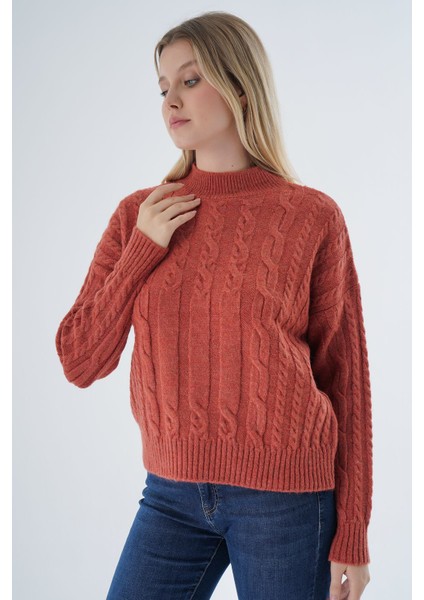 Kadın Kiremit Oversize Yarım Balıkçı Saç Örgülü Yünlü Özel Iplik Triko Örme Kazak TRIST-6158 fırsatları