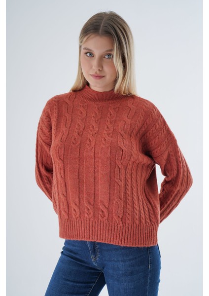 Kadın Kiremit Oversize Yarım Balıkçı Saç Örgülü Yünlü Özel Iplik Triko Örme Kazak TRIST-6158 indirimleri