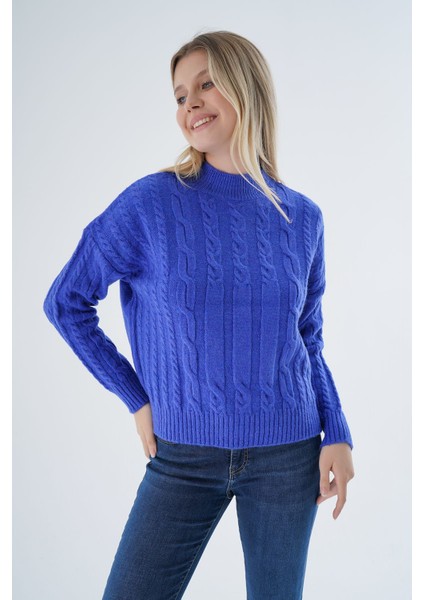 Kadın Saks Oversize Yarım Balıkçı Saç Örgülü Yünlü Özel Iplik Triko Örme Kazak TRIST-6158 modelleri