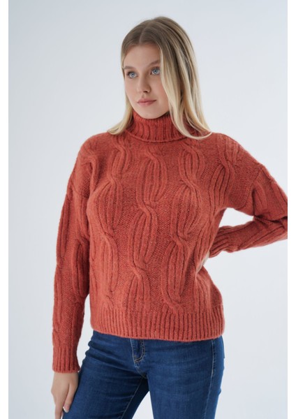 Kadın Kiremit Oversize Balıkçı Yaka Selanik Saç Örgülü Yünlü Özel Iplik Triko Örme Kazak TRIST-6159 fırsatları