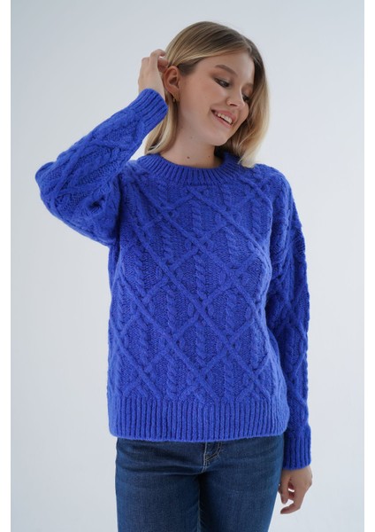 Kadın Saks Bisiklet Yaka Yürüt Saç Örgülü Yün Karışımlı Özel Iplik Triko Örme Kazak TRIST-6164 fiyatları