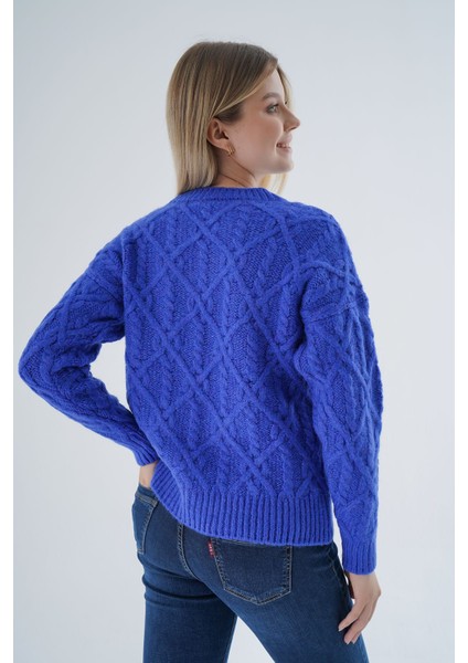 Kadın Saks Bisiklet Yaka Yürüt Saç Örgülü Yün Karışımlı Özel Iplik Triko Örme Kazak TRIST-6164 modelleri