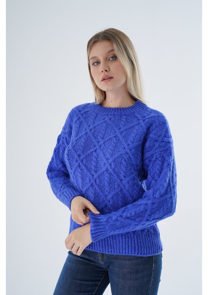 Kadın Saks Bisiklet Yaka Yürüt Saç Örgülü Yün Karışımlı Özel Iplik Triko Örme Kazak TRIST-6164 fırsatları