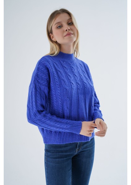 Kadın Saks Oversize Yarım Balıkçı Saç Örgülü Yünlü Özel Iplik Triko Örme Kazak TRIST-6158