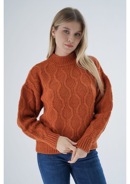 Kadın Turuncu Oversize Yarım Balıkçı Yürütme Petek Örgü Yün Özel Iplik Triko Örme Kazak