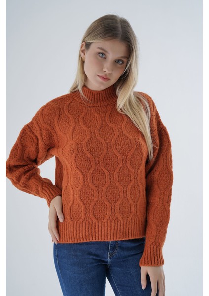 Kadın Turuncu Oversize Yarım Balıkçı Yürütme Petek Örgü Yün Özel Iplik Triko Örme Kazak fiyatları