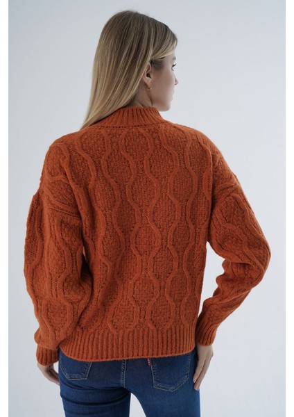 Kadın Turuncu Oversize Yarım Balıkçı Yürütme Petek Örgü Yün Özel Iplik Triko Örme Kazak modelleri