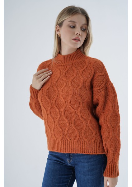 Kadın Turuncu Oversize Yarım Balıkçı Yürütme Petek Örgü Yün Özel Iplik Triko Örme Kazak fırsatları