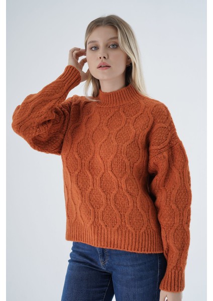 Kadın Turuncu Oversize Yarım Balıkçı Yürütme Petek Örgü Yün Özel Iplik Triko Örme Kazak indirimleri