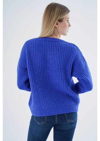 Kadın Saks Oversize V Yaka Nopen Selanik Örgü Yünlü Özel Iplik Triko Örme Kazak TRIST-6160 modelleri