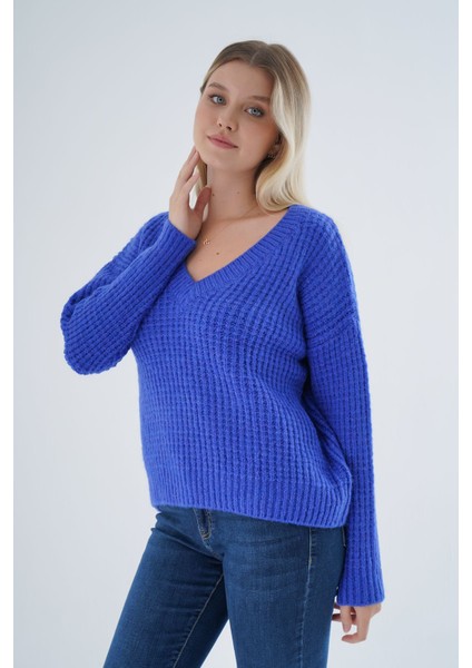 Kadın Saks Oversize V Yaka Nopen Selanik Örgü Yünlü Özel Iplik Triko Örme Kazak TRIST-6160 fırsatları