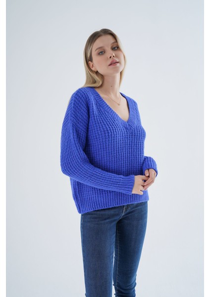 Kadın Saks Oversize V Yaka Nopen Selanik Örgü Yünlü Özel Iplik Triko Örme Kazak TRIST-6160 indirimleri