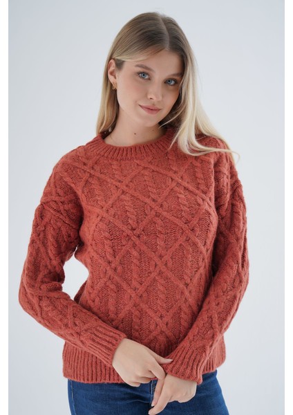 Kadın Kiremit Bisiklet Yaka Yürüt Saç Örgülü Yün Karışımlı Özel Iplik Triko Örme Kazak TRIST-6164