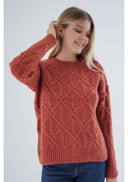 Kadın Kiremit Bisiklet Yaka Yürüt Saç Örgülü Yün Karışımlı Özel Iplik Triko Örme Kazak TRIST-6164 fiyatları