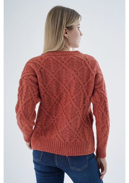 Kadın Kiremit Bisiklet Yaka Yürüt Saç Örgülü Yün Karışımlı Özel Iplik Triko Örme Kazak TRIST-6164 modelleri