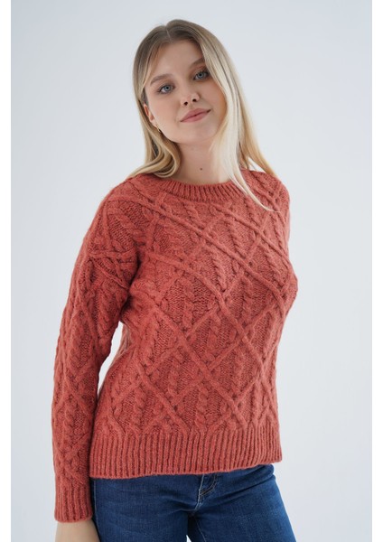 Kadın Kiremit Bisiklet Yaka Yürüt Saç Örgülü Yün Karışımlı Özel Iplik Triko Örme Kazak TRIST-6164 fırsatları