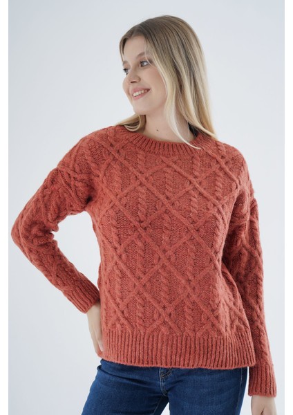 Kadın Kiremit Bisiklet Yaka Yürüt Saç Örgülü Yün Karışımlı Özel Iplik Triko Örme Kazak TRIST-6164 indirimleri