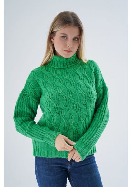 Kadın Yeşil Oversize Balıkçı Yaka Selanik Saç Örgülü Yün Özel Iplik Triko Örme Kazak TRIST-6163 fırsatları