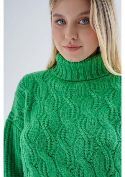 Kadın Yeşil Oversize Balıkçı Yaka Selanik Saç Örgülü Yün Özel Iplik Triko Örme Kazak TRIST-6163 indirimleri