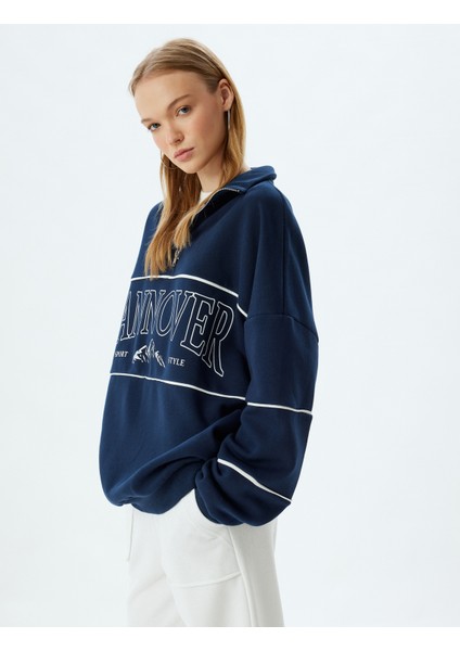 Oversize Sweatshirt Yarım Fermuarlı Kolej Baskılı Dik Yaka