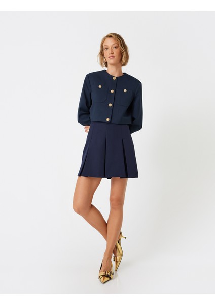 Crop Ceket Yuvarlak Yaka Gold Düğmeli Cepli