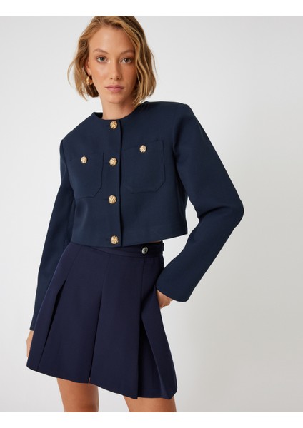 Crop Ceket Yuvarlak Yaka Gold Düğmeli Cepli modelleri