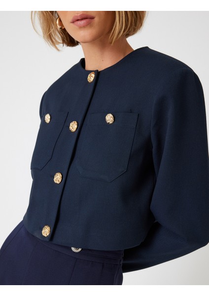 Crop Ceket Yuvarlak Yaka Gold Düğmeli Cepli indirimleri