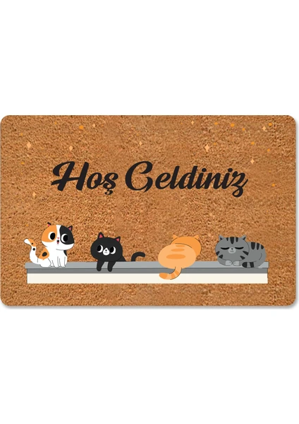 M&H Quality Hoş Geldiniz Yazılır Temalı Kedili Dekoratif Dış Kapı Önü ve Iç Mekan Paspası Yıkanabilir Toz Alıcı Hoş Geldiniz Yazılır