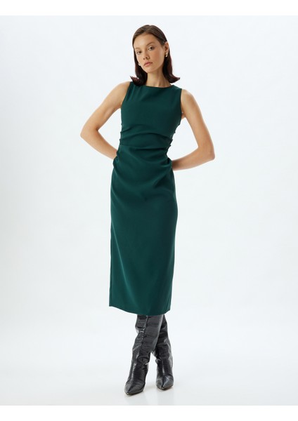 Kalem Elbise Midi Boy Kolsuz Bisiklet Yaka Krep Kumaş Slim Fit