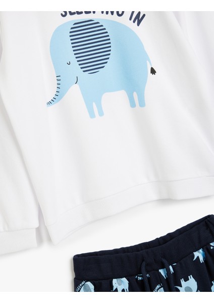 Pijama Takımı Fil Baskılı Uzun Kollu Bisiklet Yaka Pamuklu modelleri