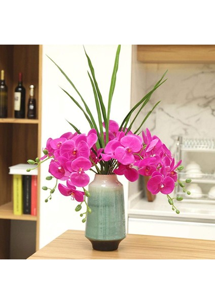 4lü Set Yapay Çiçek Fuşya Islak Orkide ve 2 Adet Orkide Yaprağı Gerçeksi Doku Uzun Dal 90CM