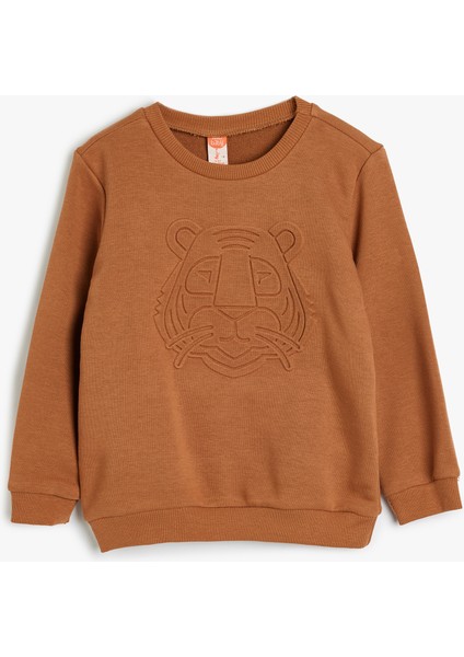 Sweatshirt Kaplan Kabartma Baskılı Bisiklet Yaka Uzun Kollu