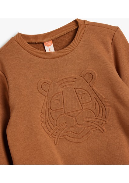 Sweatshirt Kaplan Kabartma Baskılı Bisiklet Yaka Uzun Kollu
