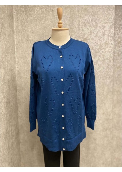24K3073 Hırka Merserize Kalp Desenli - Şirin - 24K3073 - Indigo - Standart