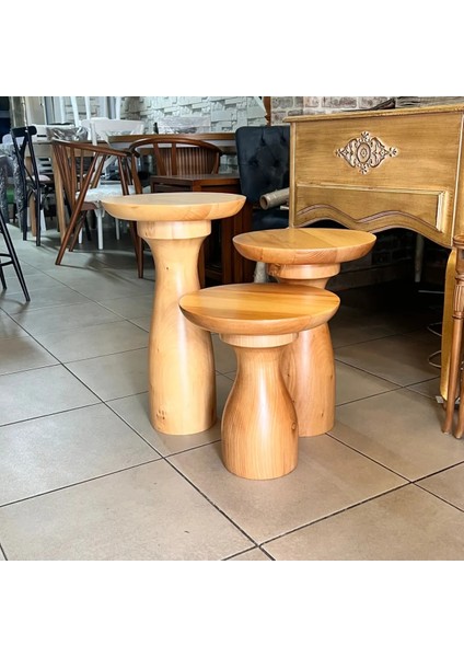 Ahşap 3’Lü Set Fitilli Mantar Yan Sehpa Modern Fiskos / Çiçeklik / Zigon Sehpa